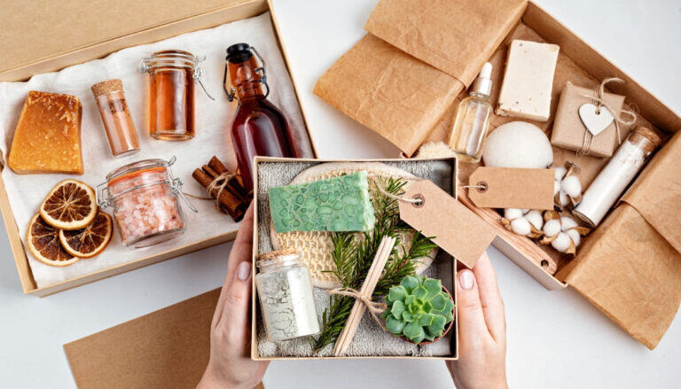 Preparing-self-care-package-seasonal-gift-box-with-plastic-free-zero-waste-cosmetics-products-768x439